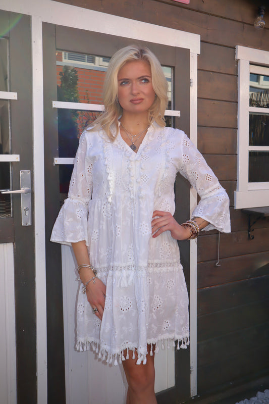 White Boho Mini Dress – Ibiza Style – Size S