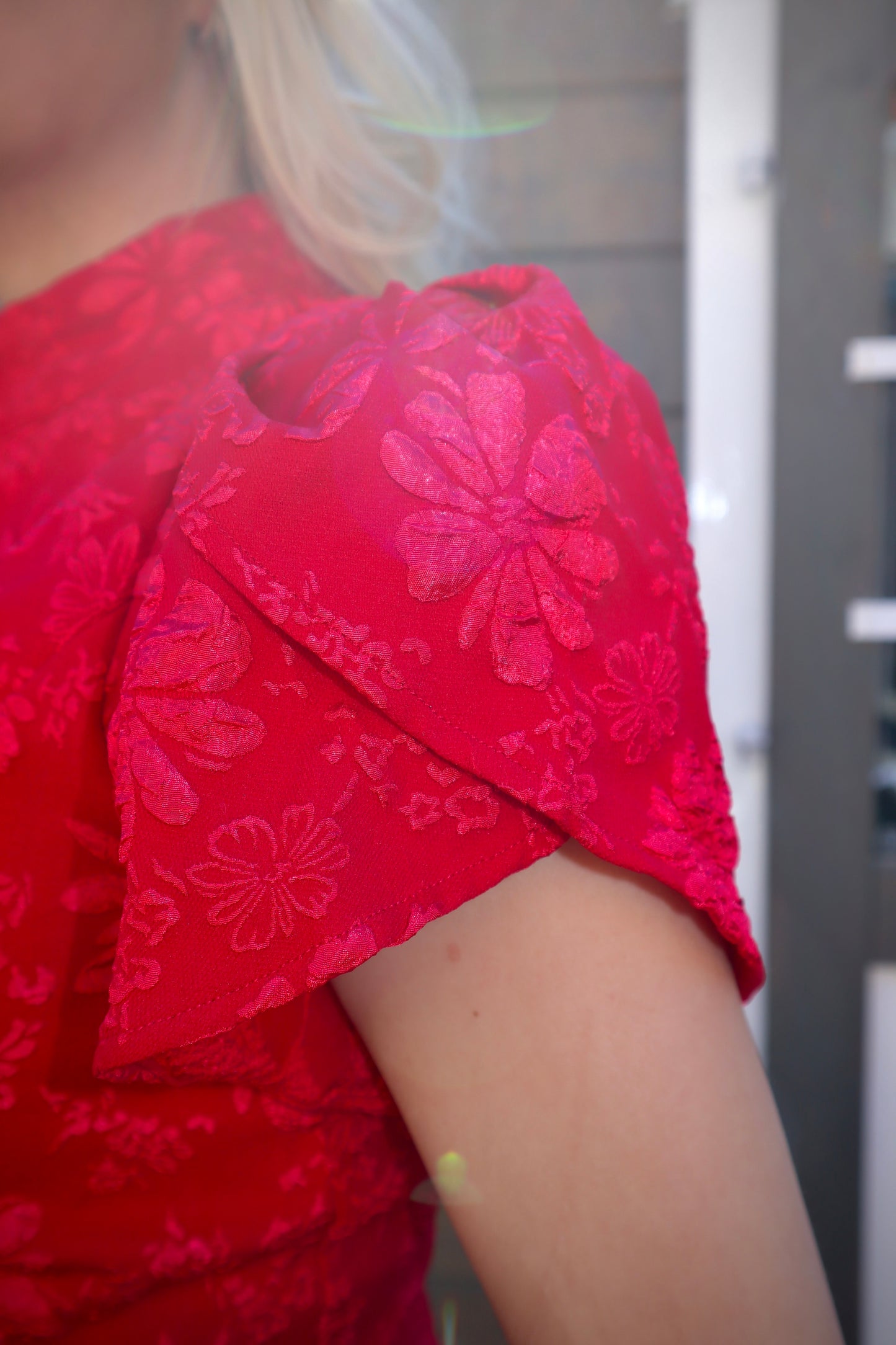 Red Floral Mini Dress – Statement Sleeves – Size S