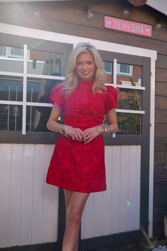 Red Floral Mini Dress – Statement Sleeves – Size S