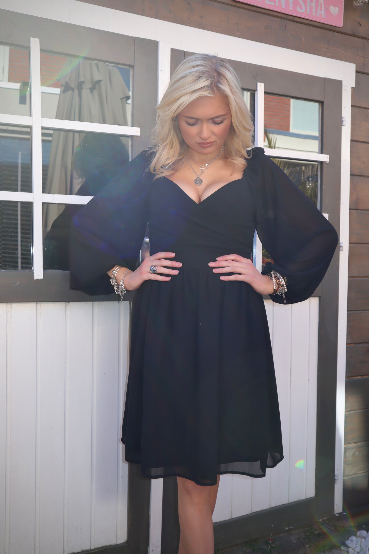 Black Elegant Mini Dress – Statement Sleeves – Size S