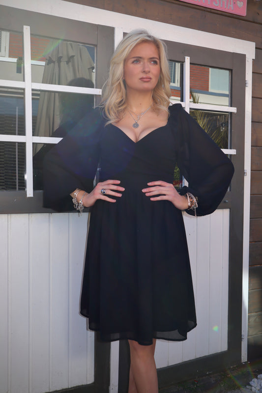 Black Elegant Mini Dress – Statement Sleeves – Size S